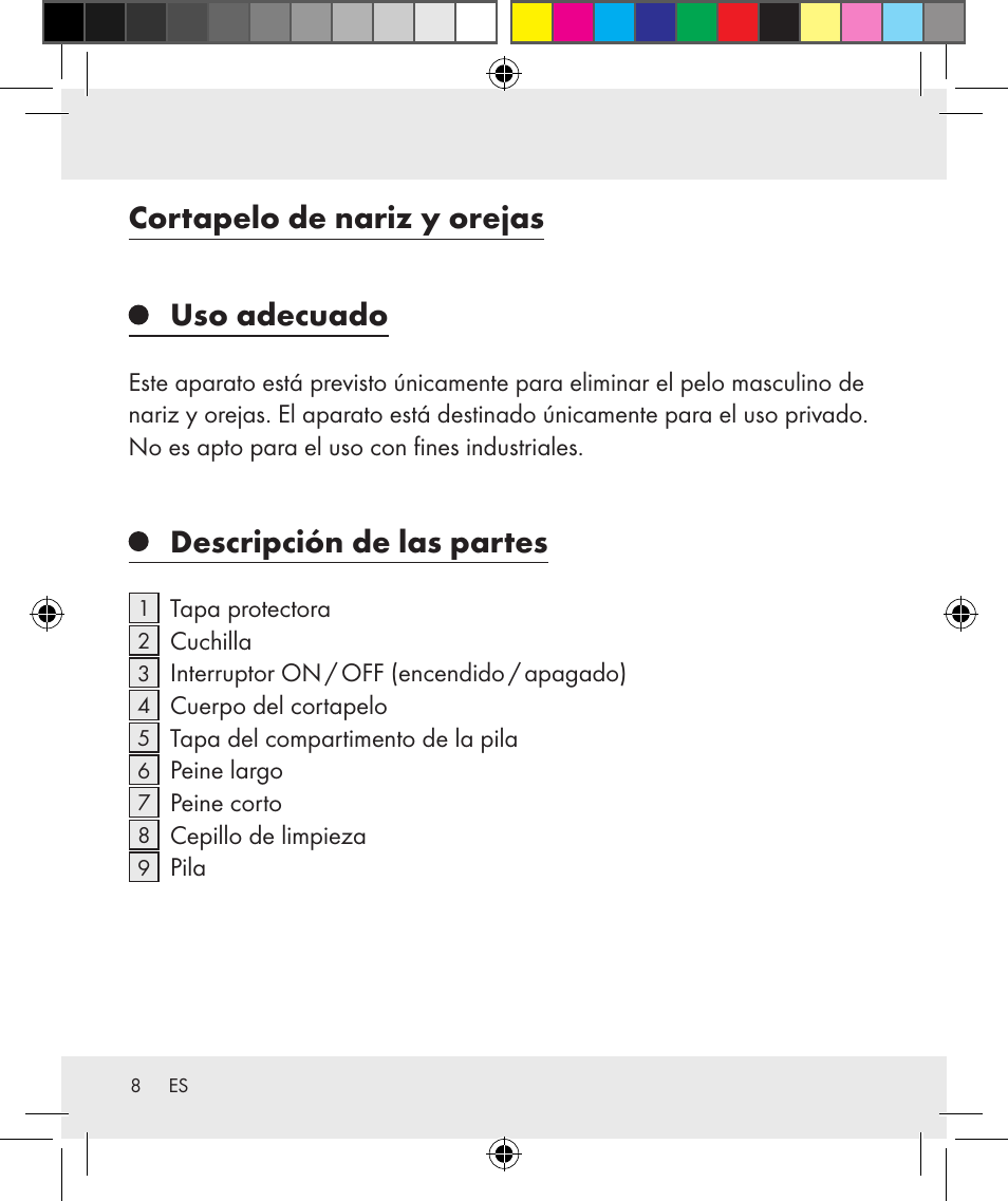 Cortapelo de nariz y orejas uso adecuado, Descripción de las partes | Silvercrest Z31284 User Manual | Page 8 / 47