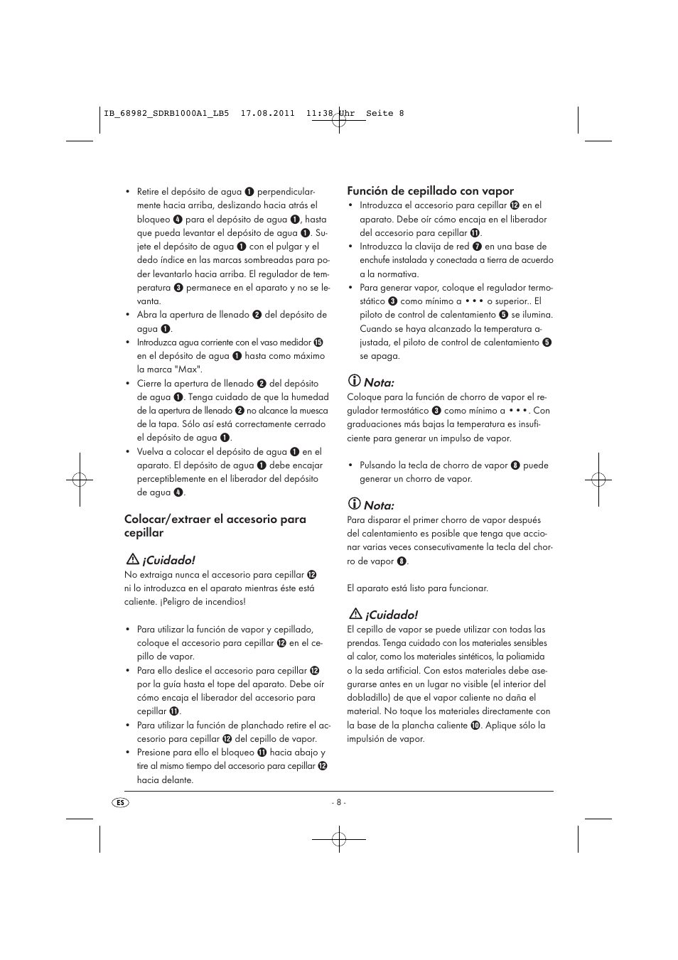 Función de cepillado con vapor, Nota, Cuidado | Silvercrest SDRB 1000 A1 User Manual | Page 10 / 62