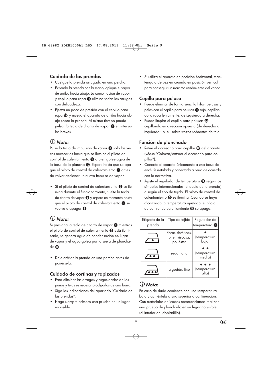 Cuidado de las prendas, Nota, Cuidado de cortinas y tapizados | Cepillo para pelusa, Función de planchado | Silvercrest SDRB 1000 A1 User Manual | Page 11 / 62