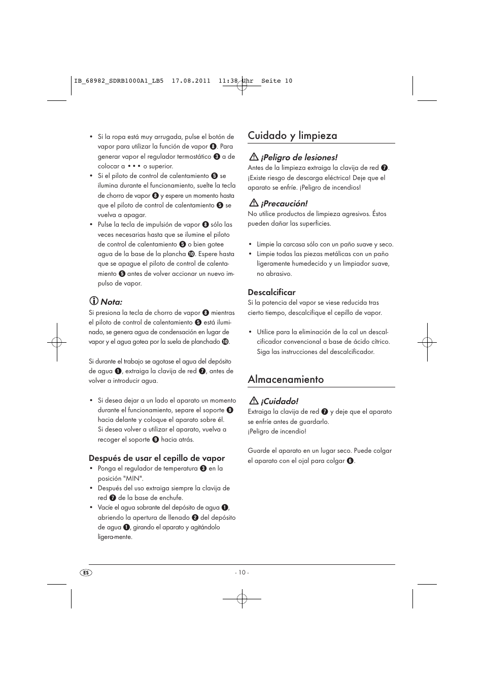 Cuidado y limpieza, Almacenamiento, Nota | Después de usar el cepillo de vapor, Peligro de lesiones, Precaución, Descalcificar, Cuidado | Silvercrest SDRB 1000 A1 User Manual | Page 12 / 62