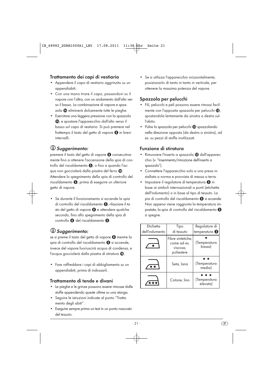 Trattamento dei capi di vestiario, Suggerimento, Trattamento di tende e divani | Spazzola per pelucchi, Funzione di stiratura | Silvercrest SDRB 1000 A1 User Manual | Page 23 / 62