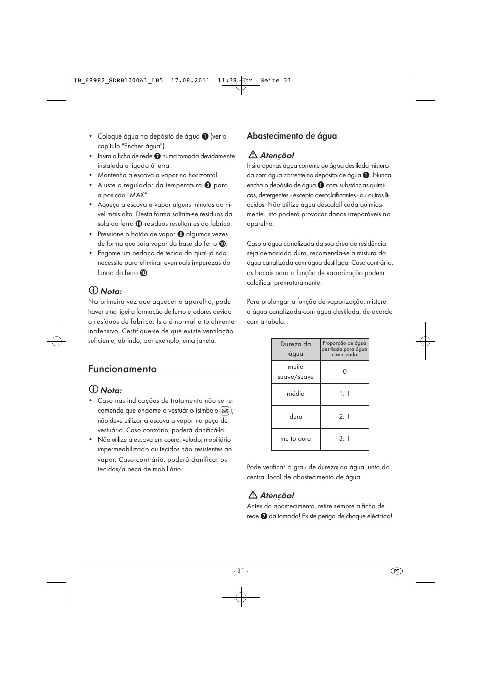Funcionamento, Nota, Abastecimento de água atenção | Atenção | Silvercrest SDRB 1000 A1 User Manual | Page 33 / 62