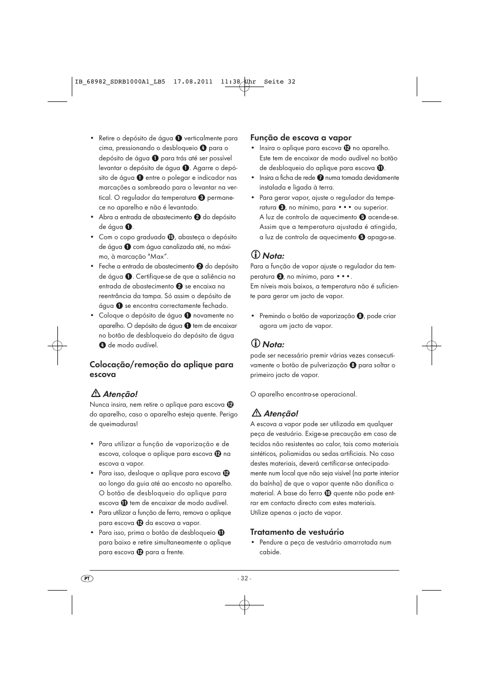 Colocação/remoção do aplique para escova atenção, Função de escova a vapor, Nota | Atenção, Tratamento de vestuário | Silvercrest SDRB 1000 A1 User Manual | Page 34 / 62