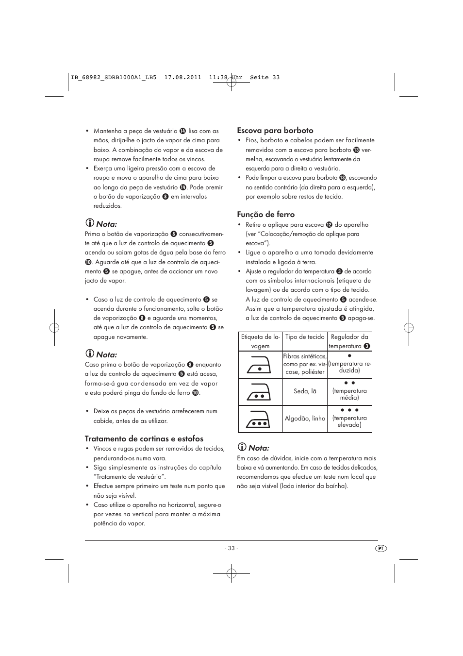 Nota, Tratamento de cortinas e estofos, Escova para borboto | Função de ferro | Silvercrest SDRB 1000 A1 User Manual | Page 35 / 62