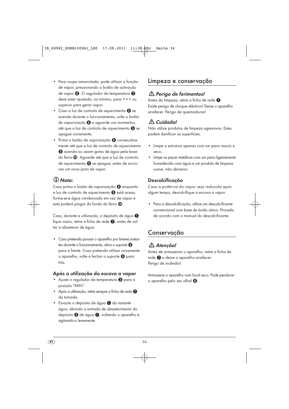 Limpeza e conservação, Conservação, Nota | Após a utilização da escova a vapor, Perigo de ferimentos, Cuidado, Descalcificação, Atenção | Silvercrest SDRB 1000 A1 User Manual | Page 36 / 62