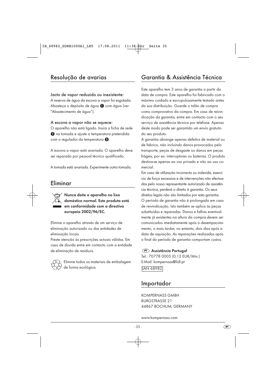 Resolução de avarias, Eliminar, Garantia & assistência técnica | Importador | Silvercrest SDRB 1000 A1 User Manual | Page 37 / 62