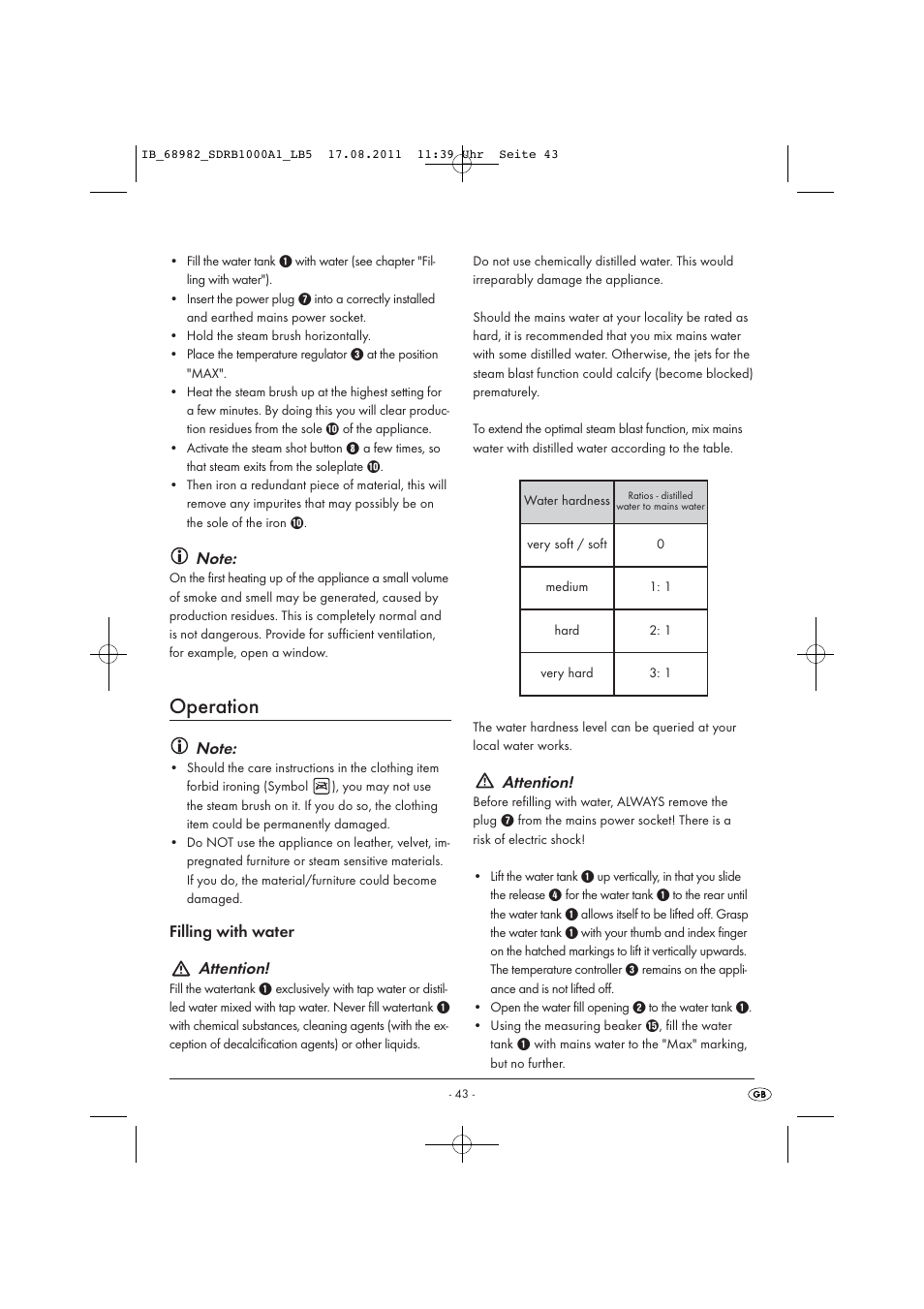 Operation, Filling with water attention, Attention | Silvercrest SDRB 1000 A1 User Manual | Page 45 / 62