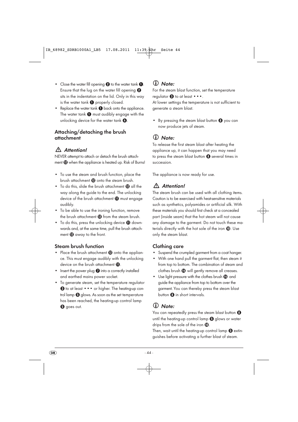 Attaching/detaching the brush attachment attention, Steam brush function, Attention | Clothing care | Silvercrest SDRB 1000 A1 User Manual | Page 46 / 62