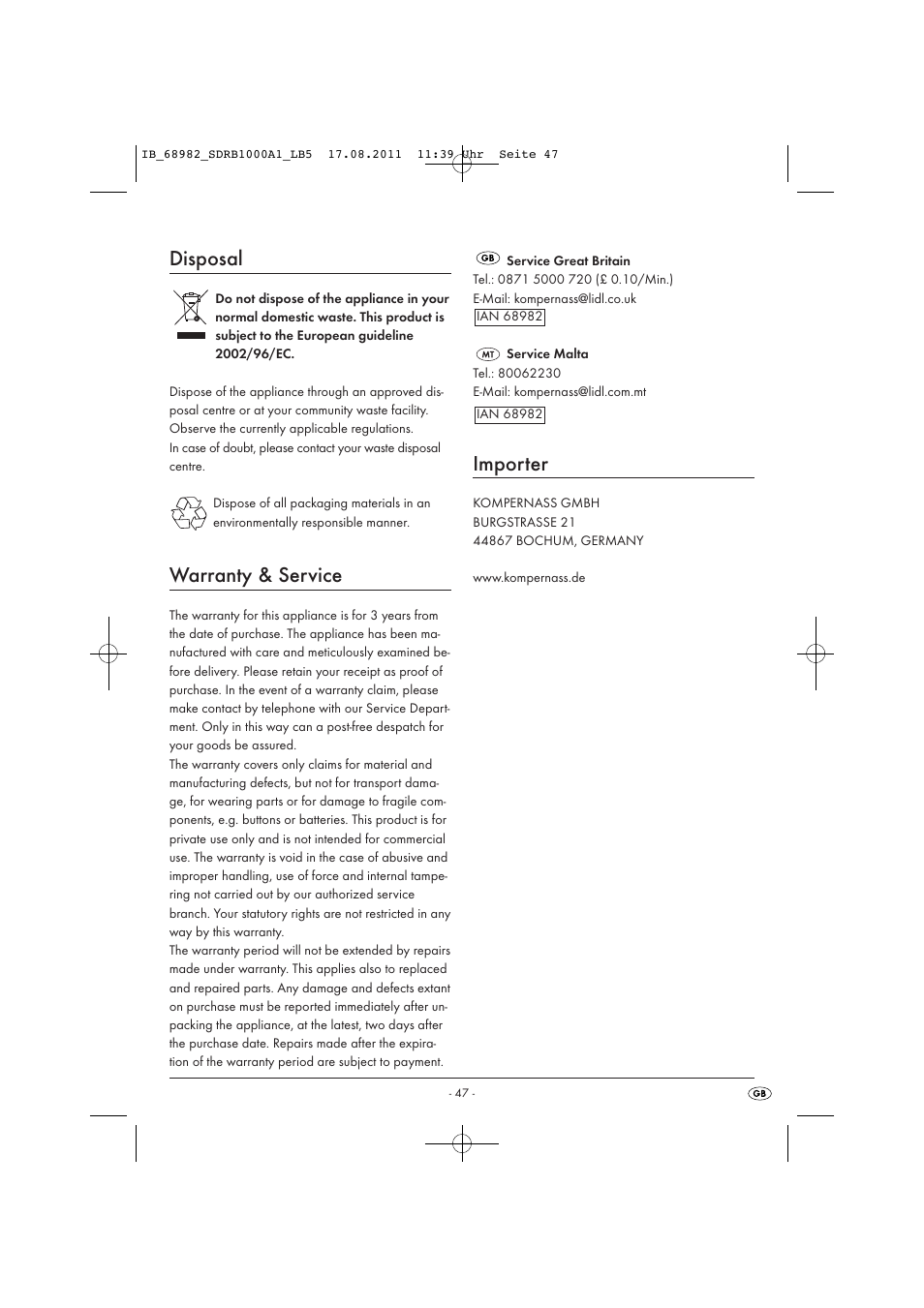 Disposal, Warranty & service, Importer | Silvercrest SDRB 1000 A1 User Manual | Page 49 / 62