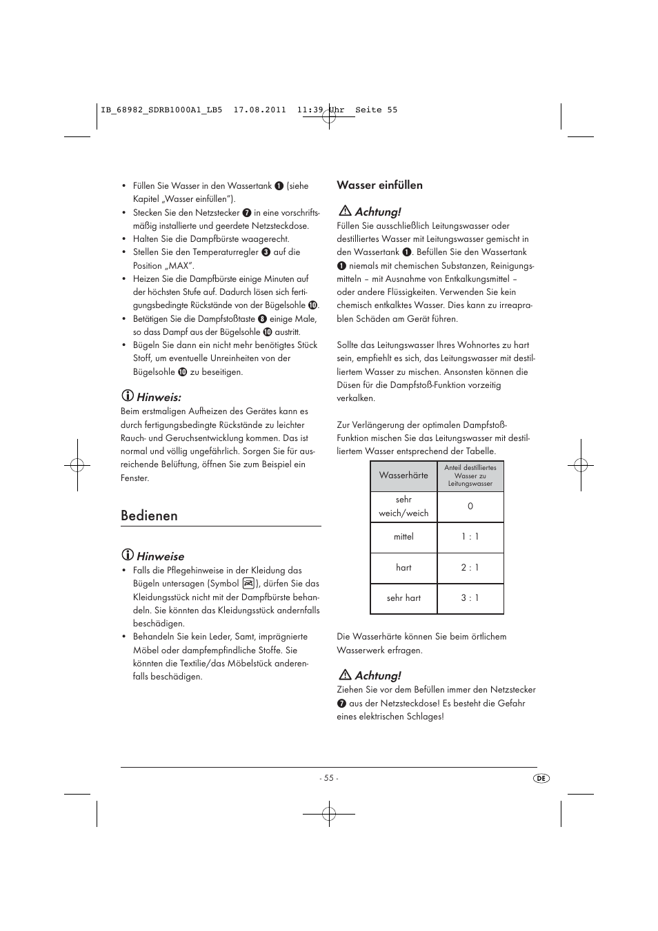 Bedienen, Hinweis, Hinweise | Wasser einfüllen achtung, Achtung | Silvercrest SDRB 1000 A1 User Manual | Page 57 / 62