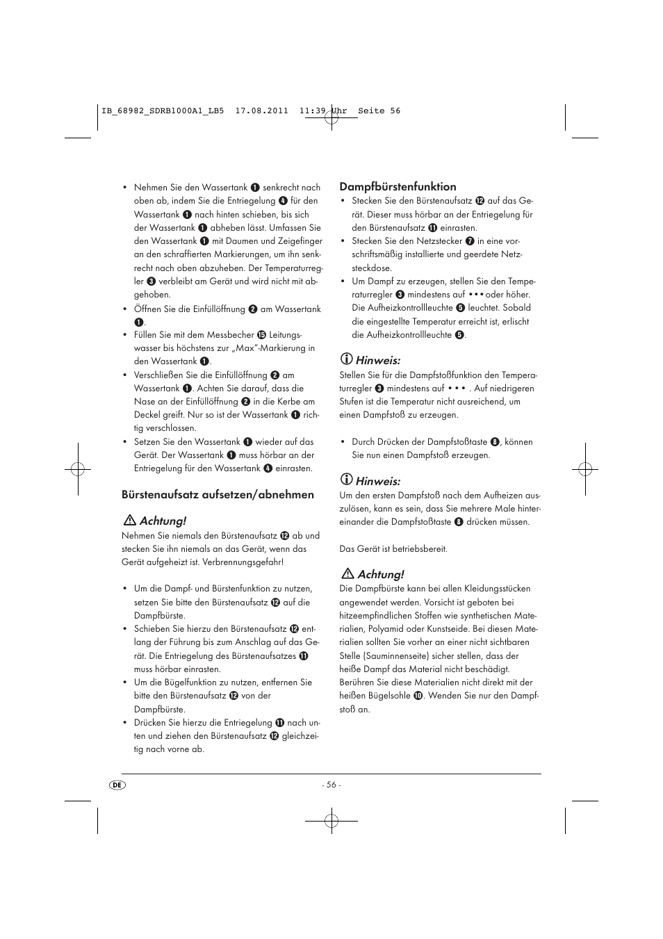 Bürstenaufsatz aufsetzen/abnehmen achtung, Dampfbürstenfunktion, Hinweis | Achtung | Silvercrest SDRB 1000 A1 User Manual | Page 58 / 62