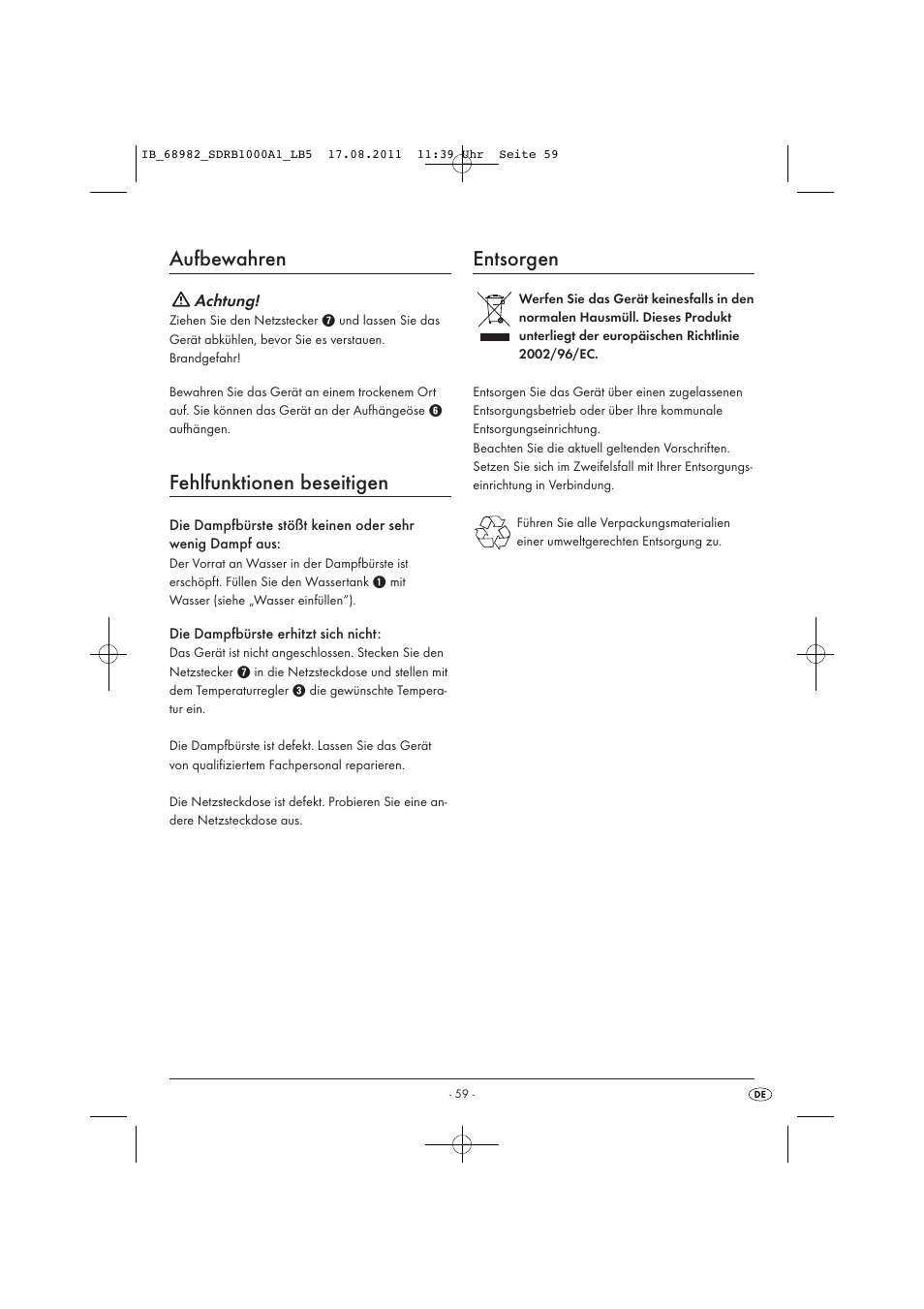 Aufbewahren, Fehlfunktionen beseitigen, Entsorgen | Silvercrest SDRB 1000 A1 User Manual | Page 61 / 62