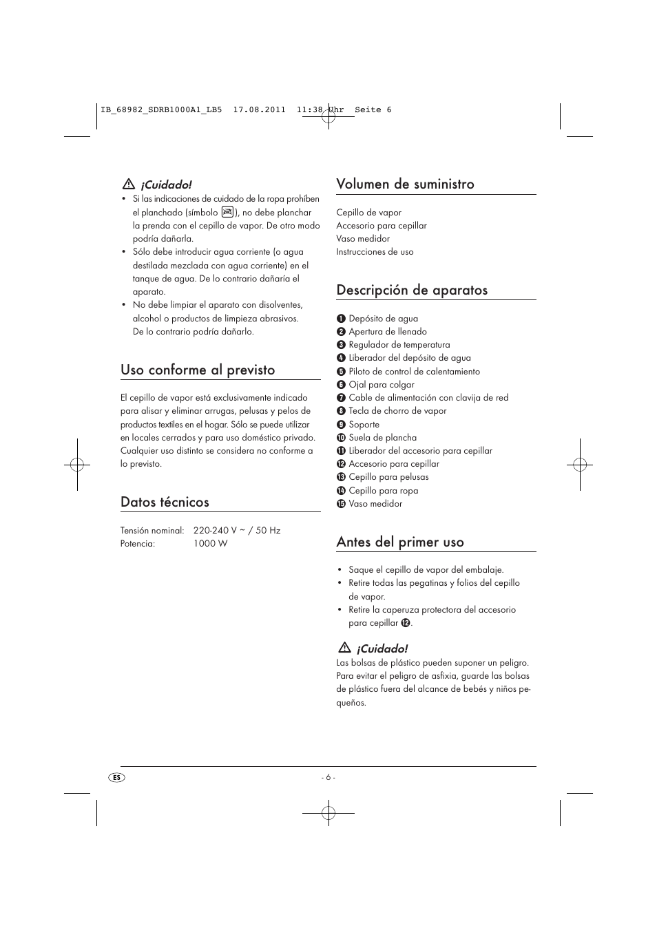 Uso conforme al previsto, Datos técnicos, Volumen de suministro | Descripción de aparatos, Antes del primer uso | Silvercrest SDRB 1000 A1 User Manual | Page 8 / 62