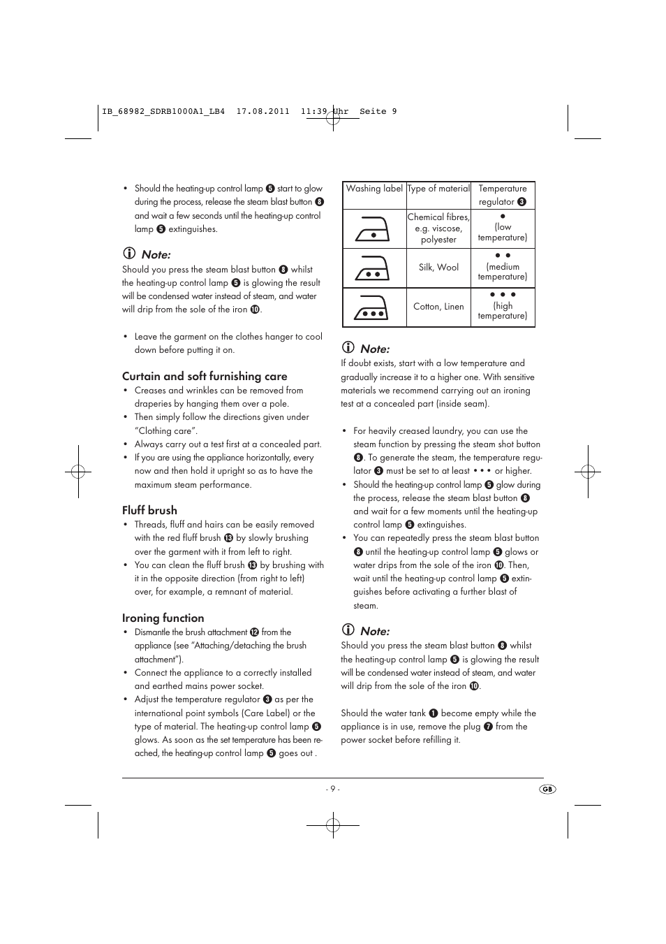 Curtain and soft furnishing care, Fluff brush, Ironing function | Silvercrest SDRB 1000 A1 User Manual | Page 11 / 86