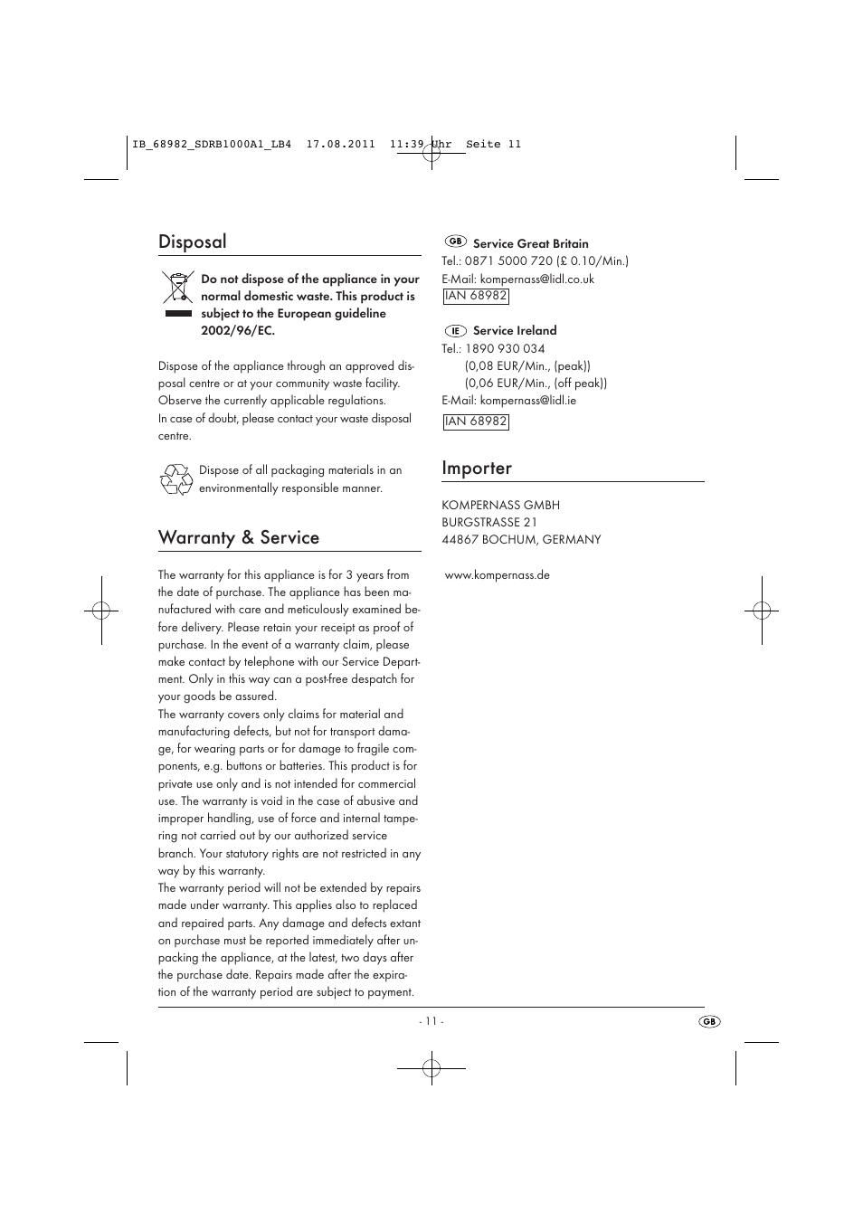 Disposal, Warranty & service, Importer | Silvercrest SDRB 1000 A1 User Manual | Page 13 / 86