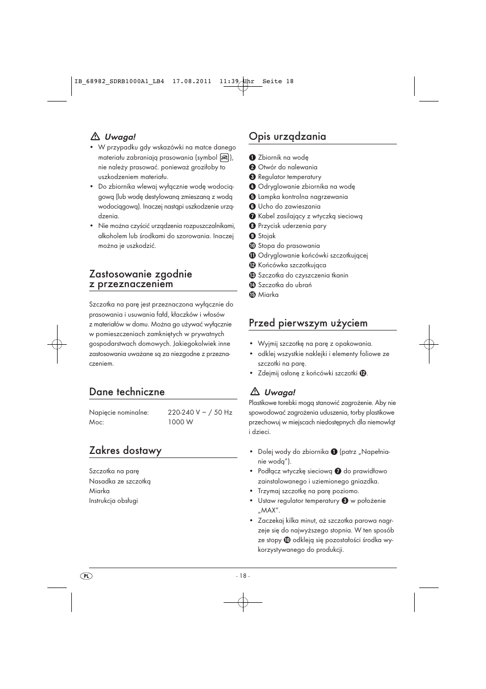 Zastosowanie zgodnie z przeznaczeniem, Dane techniczne, Zakres dostawy | Opis urządzania, Przed pierwszym użyciem | Silvercrest SDRB 1000 A1 User Manual | Page 20 / 86