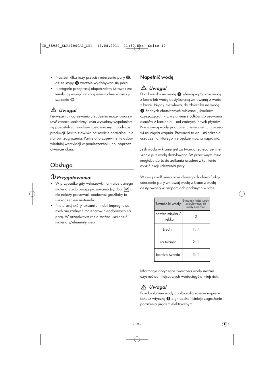Obsługa, Uwaga, Przygotowania | Napełnić wodę uwaga | Silvercrest SDRB 1000 A1 User Manual | Page 21 / 86