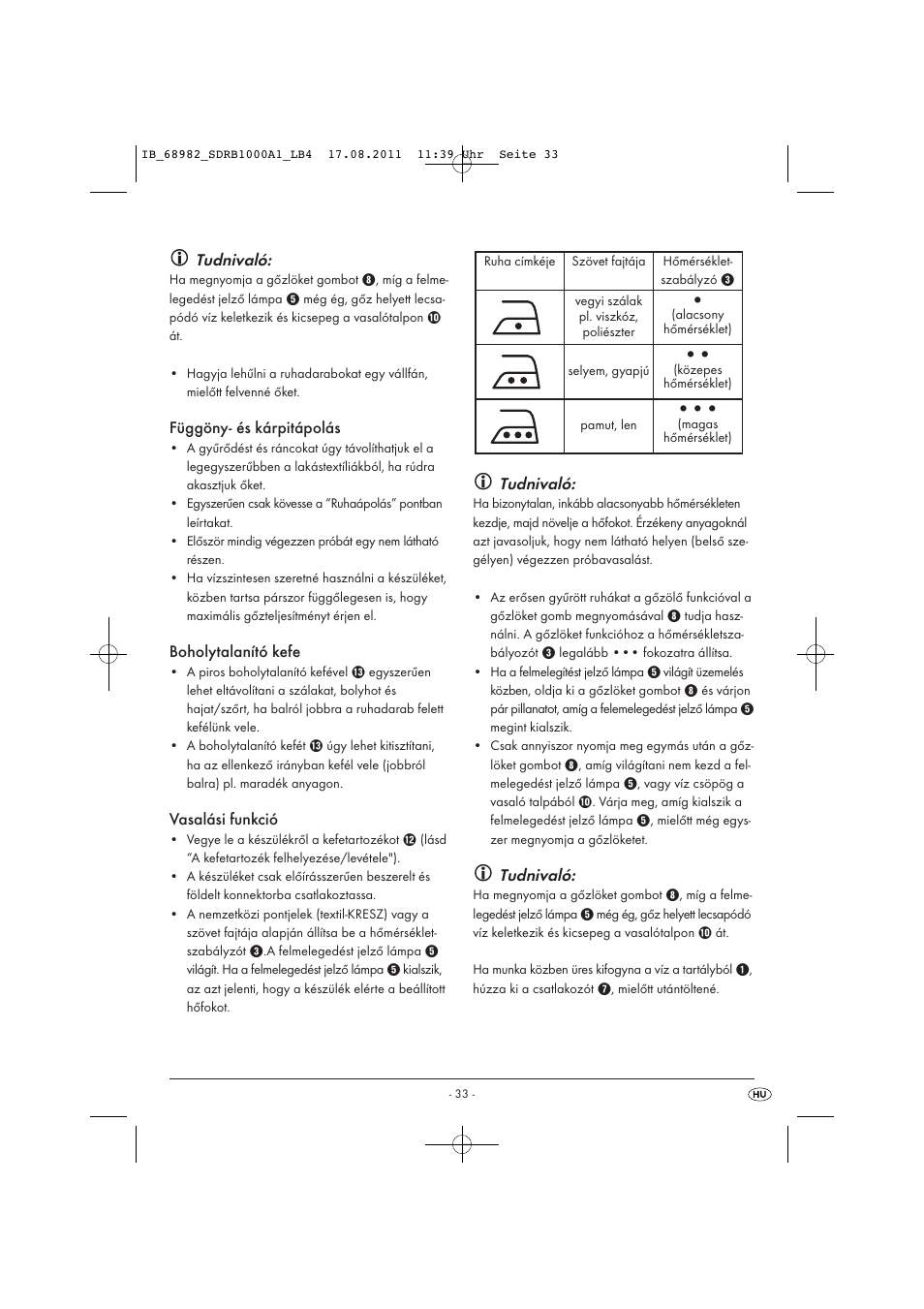 Tudnivaló, Függöny- és kárpitápolás, Boholytalanító kefe | Vasalási funkció | Silvercrest SDRB 1000 A1 User Manual | Page 35 / 86