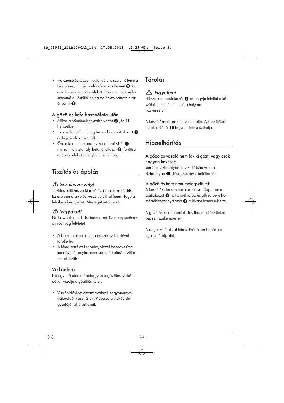Tiszítás és ápolás, Tárolás, Hibaelhárítás | Silvercrest SDRB 1000 A1 User Manual | Page 36 / 86