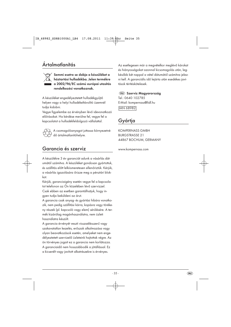 Ártalmatlanítás, Garancia és szerviz, Gyártja | Silvercrest SDRB 1000 A1 User Manual | Page 37 / 86