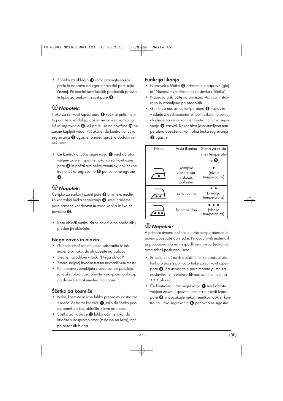 Napotek, Nega zaves in blazin, Ščetka za kosmiče | Funkcija likanja | Silvercrest SDRB 1000 A1 User Manual | Page 47 / 86