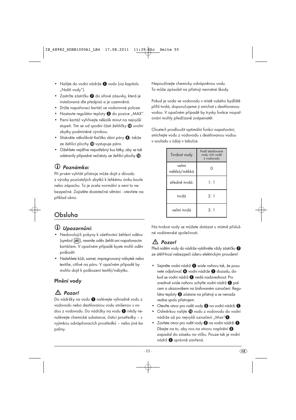 Obsluha, Poznámka, Upozornûní | Plnění vody pozor, Pozor | Silvercrest SDRB 1000 A1 User Manual | Page 57 / 86