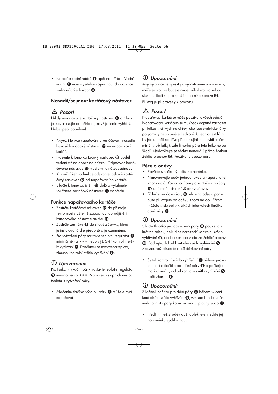 Nasadit/sejmout kartáčový nástavec pozor, Funkce napařovacího kartáče, Upozornûní | Pozor, Péče o oděvy | Silvercrest SDRB 1000 A1 User Manual | Page 58 / 86