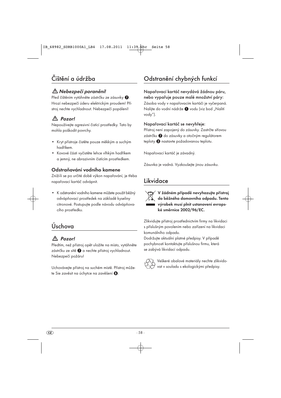 Čištění a údržba, Úschova, Odstranění chybných funkcí | Likvidace | Silvercrest SDRB 1000 A1 User Manual | Page 60 / 86