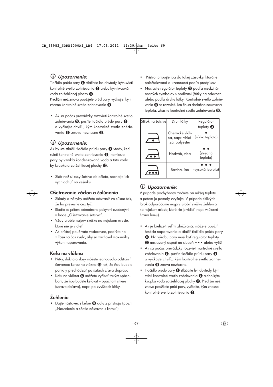 Upozornenie, Ošetrovanie záclon a čalúnenia, Kefa na vlákna | Žehlenie | Silvercrest SDRB 1000 A1 User Manual | Page 71 / 86