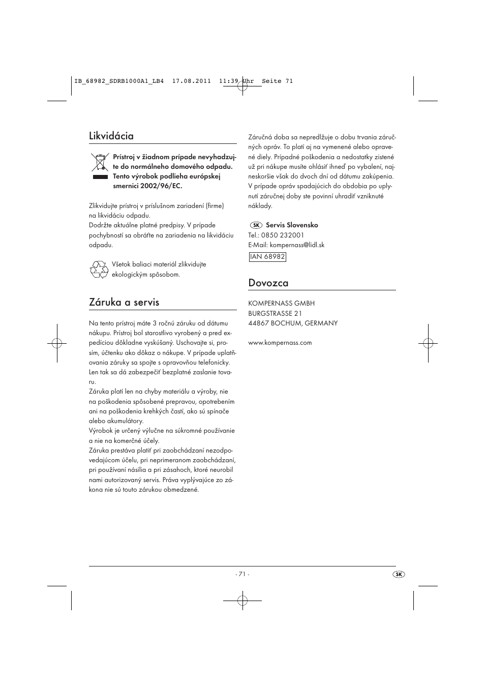 Likvidácia, Záruka a servis, Dovozca | Silvercrest SDRB 1000 A1 User Manual | Page 73 / 86