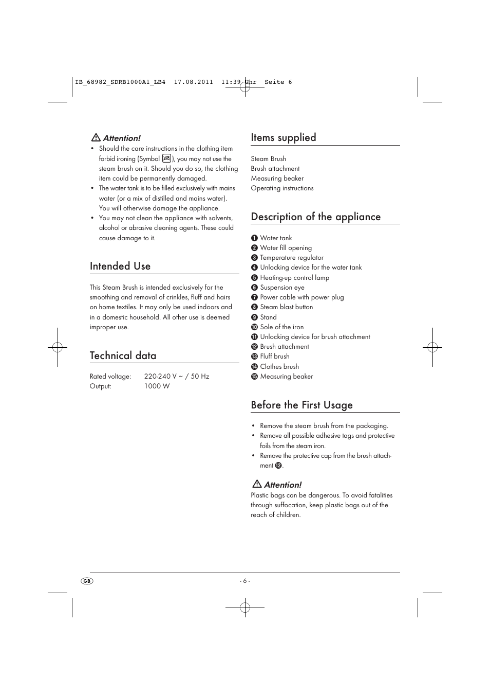 Intended use, Technical data, Items supplied | Description of the appliance, Before the first usage | Silvercrest SDRB 1000 A1 User Manual | Page 8 / 86