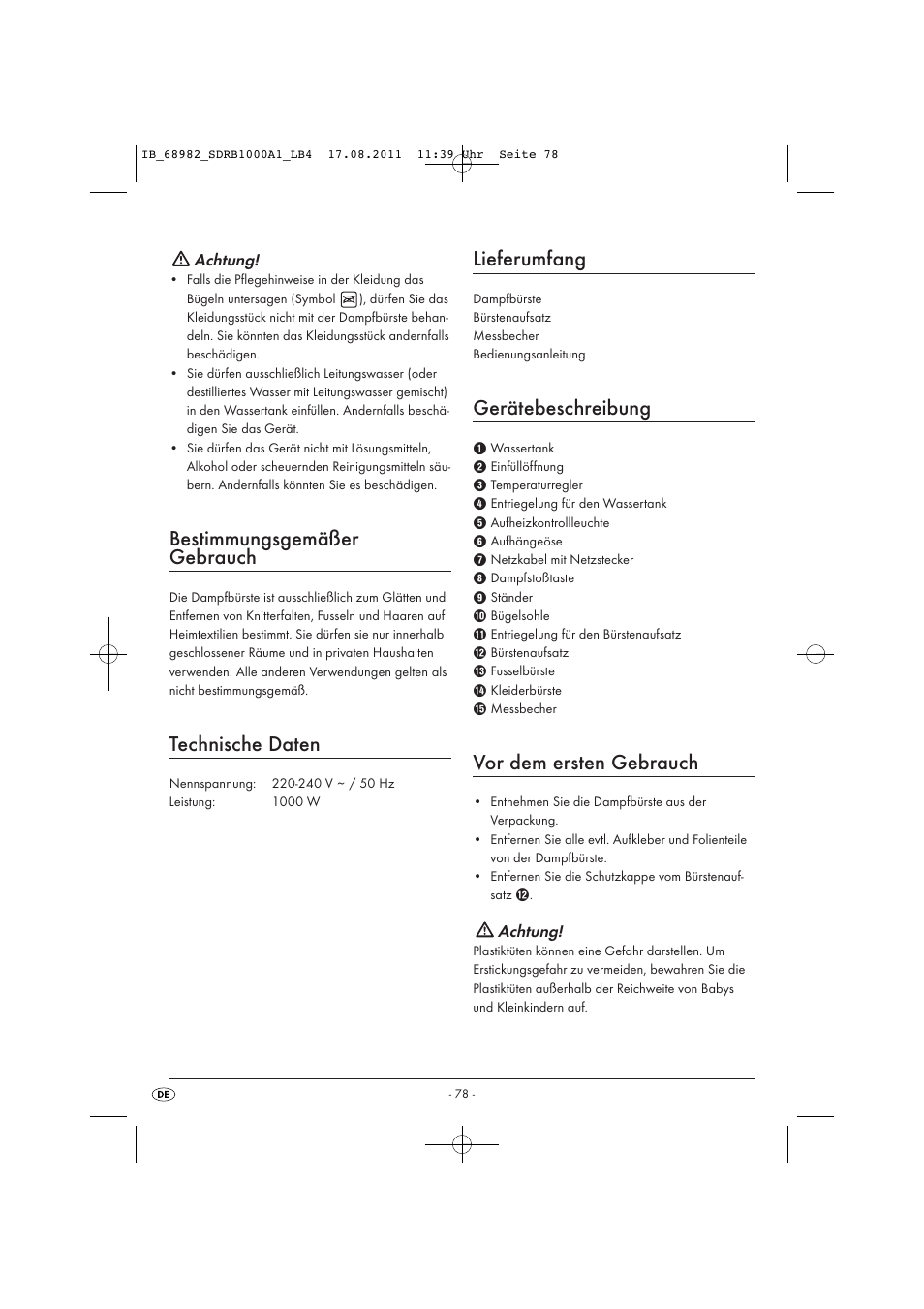 Bestimmungsgemäßer gebrauch, Technische daten, Lieferumfang | Gerätebeschreibung, Vor dem ersten gebrauch | Silvercrest SDRB 1000 A1 User Manual | Page 80 / 86
