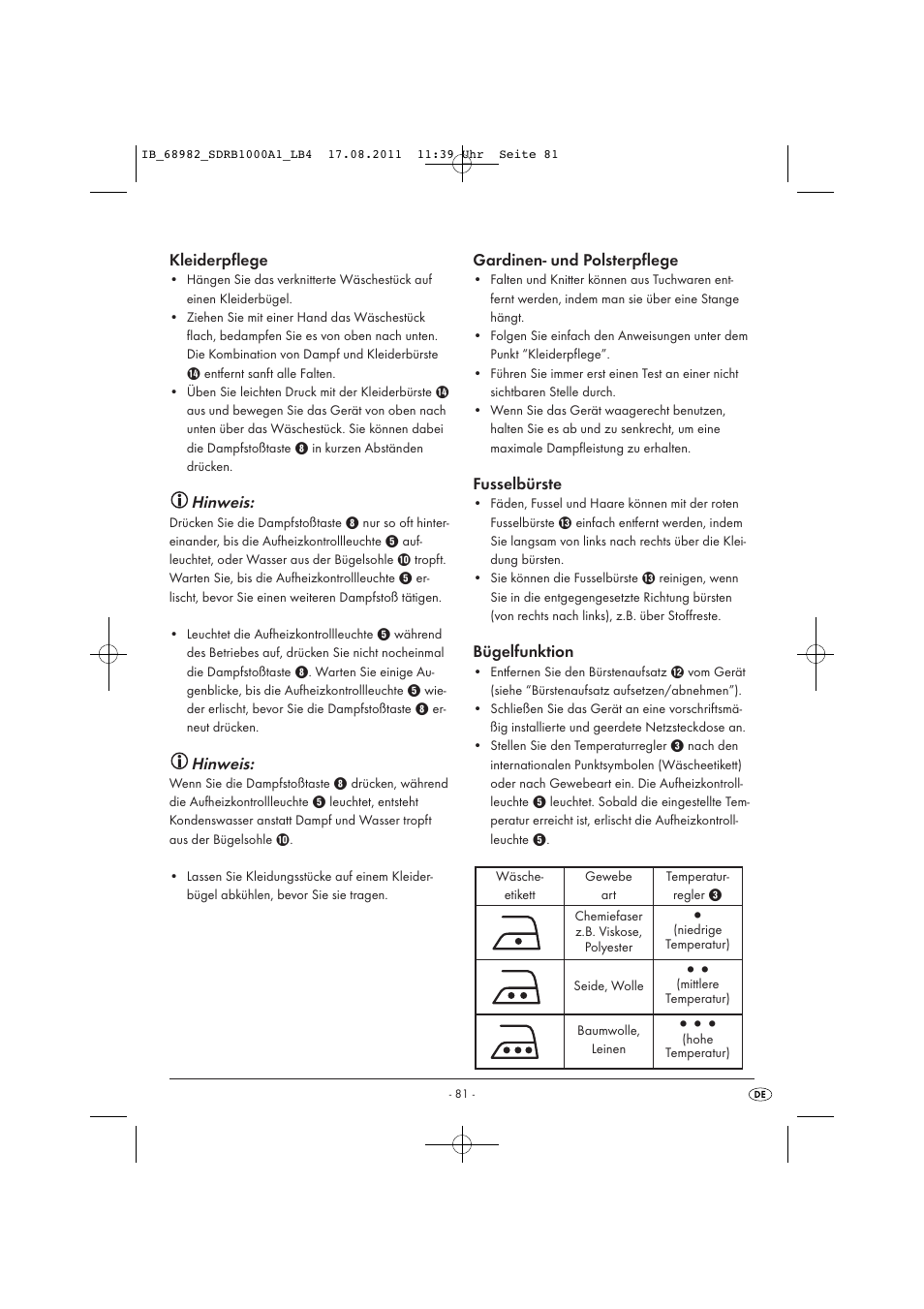 Kleiderpflege, Hinweis, Gardinen- und polsterpflege | Fusselbürste, Bügelfunktion | Silvercrest SDRB 1000 A1 User Manual | Page 83 / 86