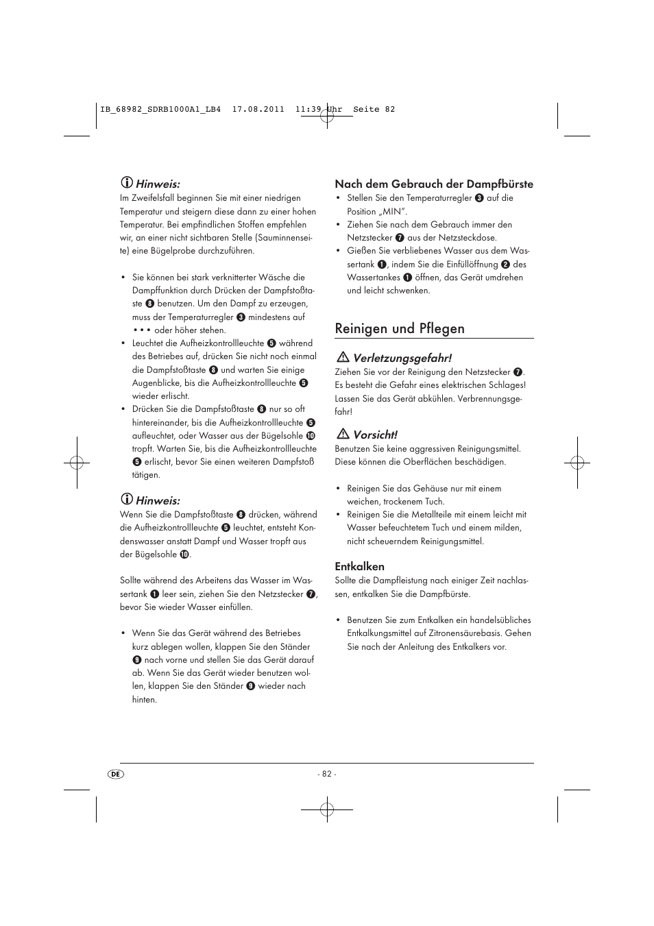 Reinigen und pflegen, Hinweis, Nach dem gebrauch der dampfbürste | Verletzungsgefahr, Vorsicht, Entkalken | Silvercrest SDRB 1000 A1 User Manual | Page 84 / 86