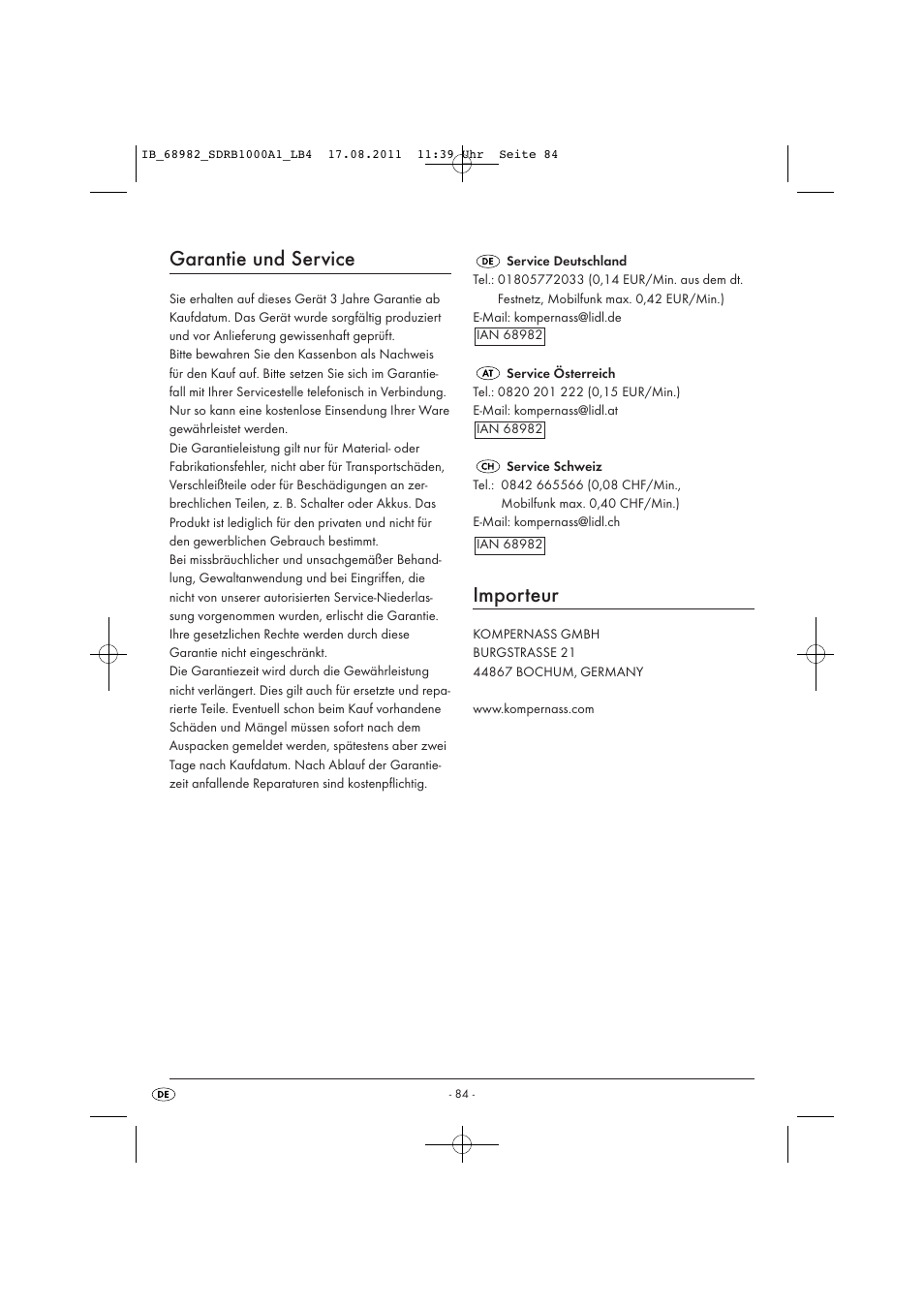 Garantie und service, Importeur | Silvercrest SDRB 1000 A1 User Manual | Page 86 / 86