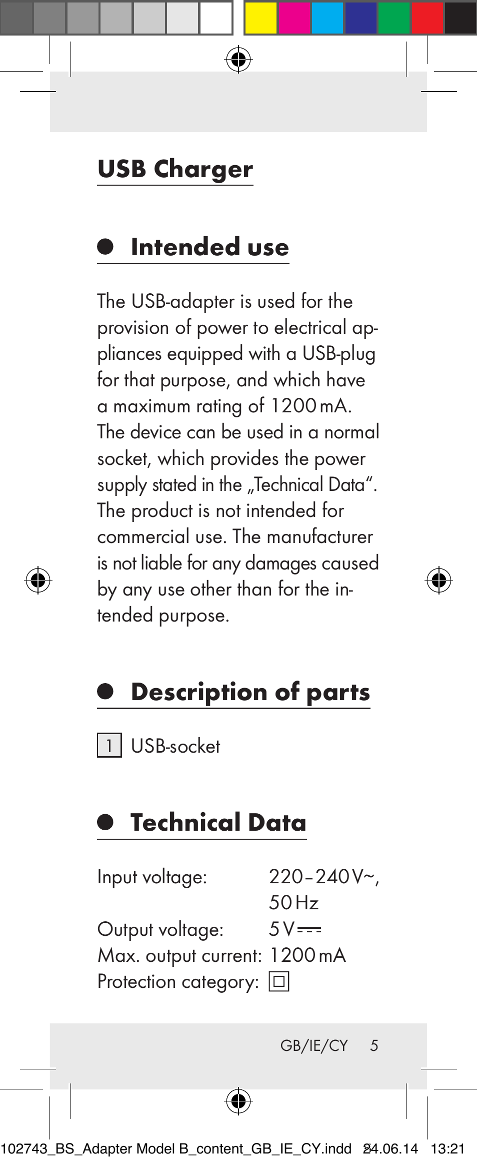 Usb charger, Intended use, Description of parts | Technical data | Silvercrest Z31306B-BS, Z31306B-BS-W User Manual | Page 5 / 19