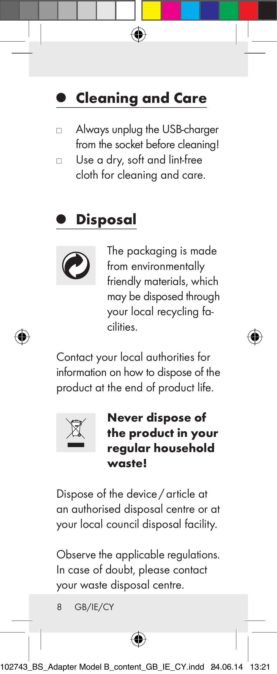 Cleaning and care, Disposal | Silvercrest Z31306B-BS, Z31306B-BS-W User Manual | Page 8 / 19