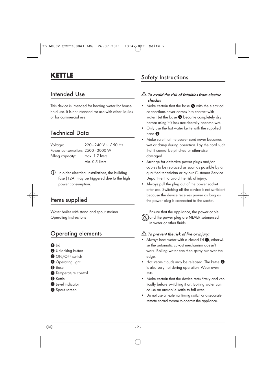 Kettle, Intended use, Technical data | Items supplied, Operating elements, Safety instructions | Silvercrest SWKT 3000 A1 User Manual | Page 4 / 14