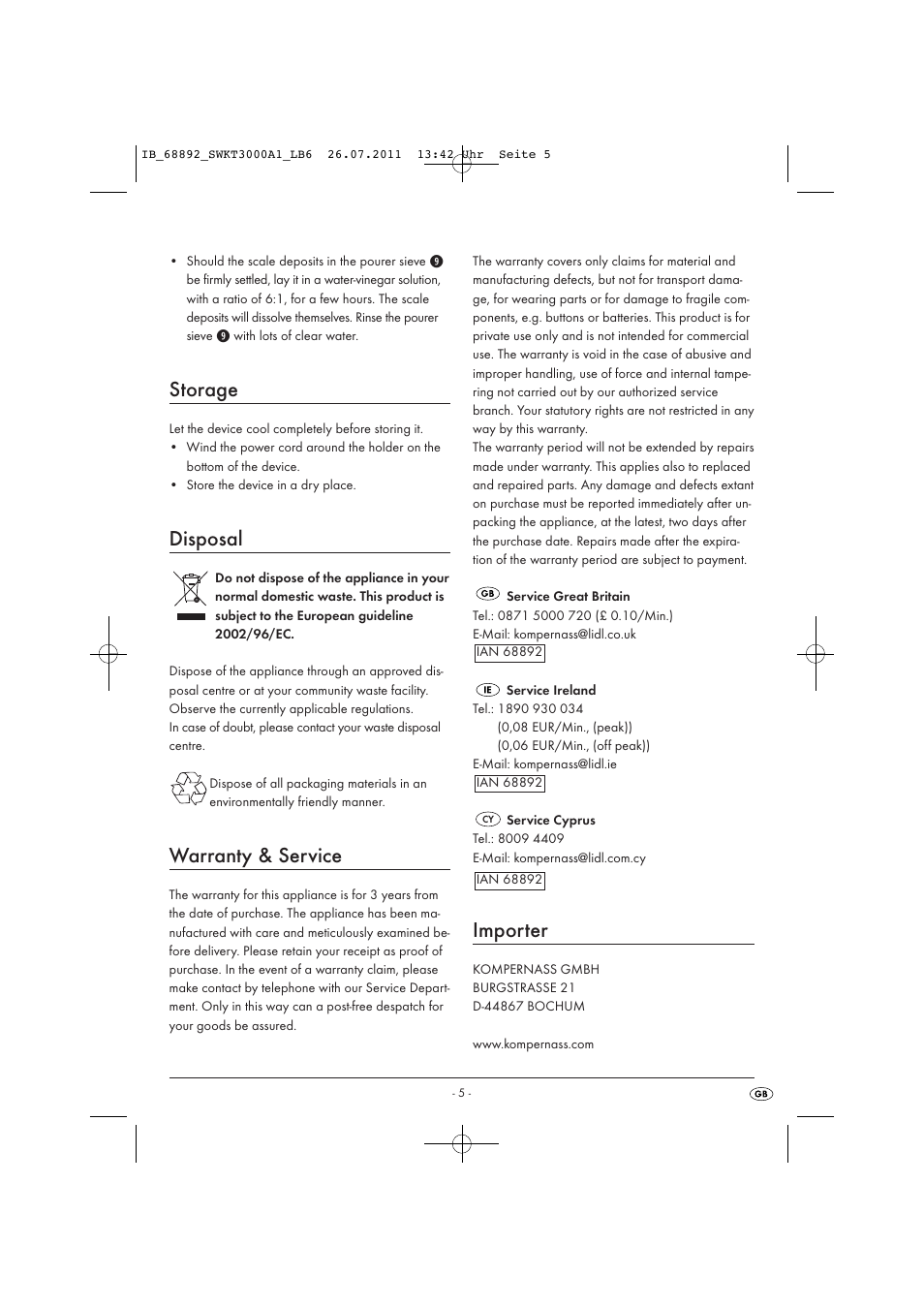 Storage, Disposal, Warranty & service | Importer | Silvercrest SWKT 3000 A1 User Manual | Page 7 / 14