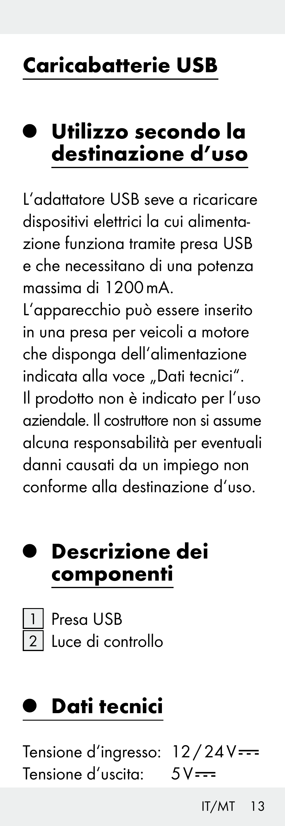 Caricabatterie usb, Utilizzo secondo la destinazione d’uso, Descrizione dei componenti | Dati tecnici | Silvercrest Z31306A, Z31306A-W User Manual | Page 13 / 43