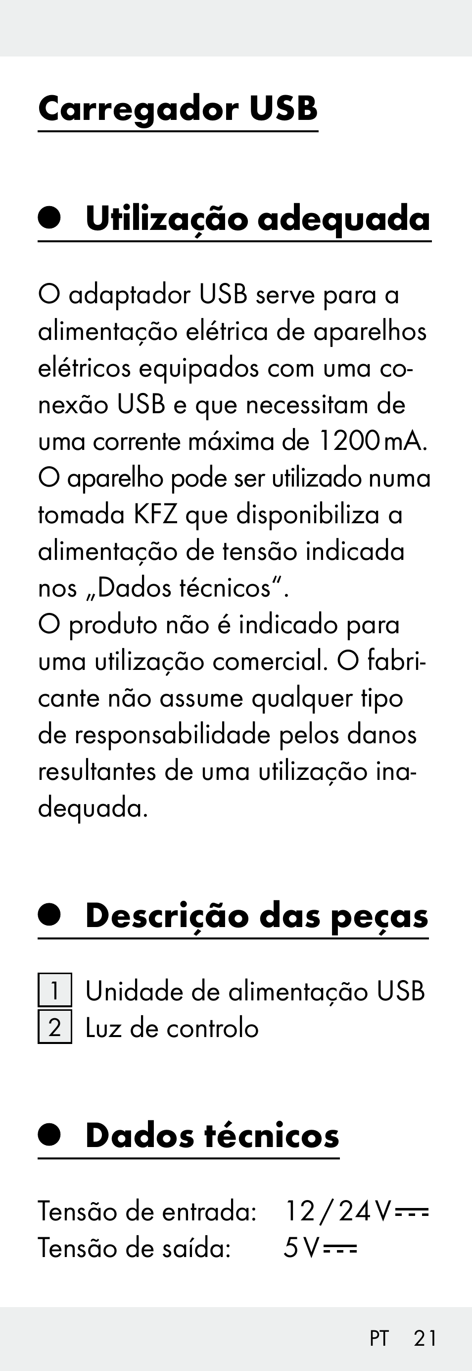 Carregador usb, Utilização adequada, Descrição das peças | Dados técnicos | Silvercrest Z31306A, Z31306A-W User Manual | Page 21 / 43