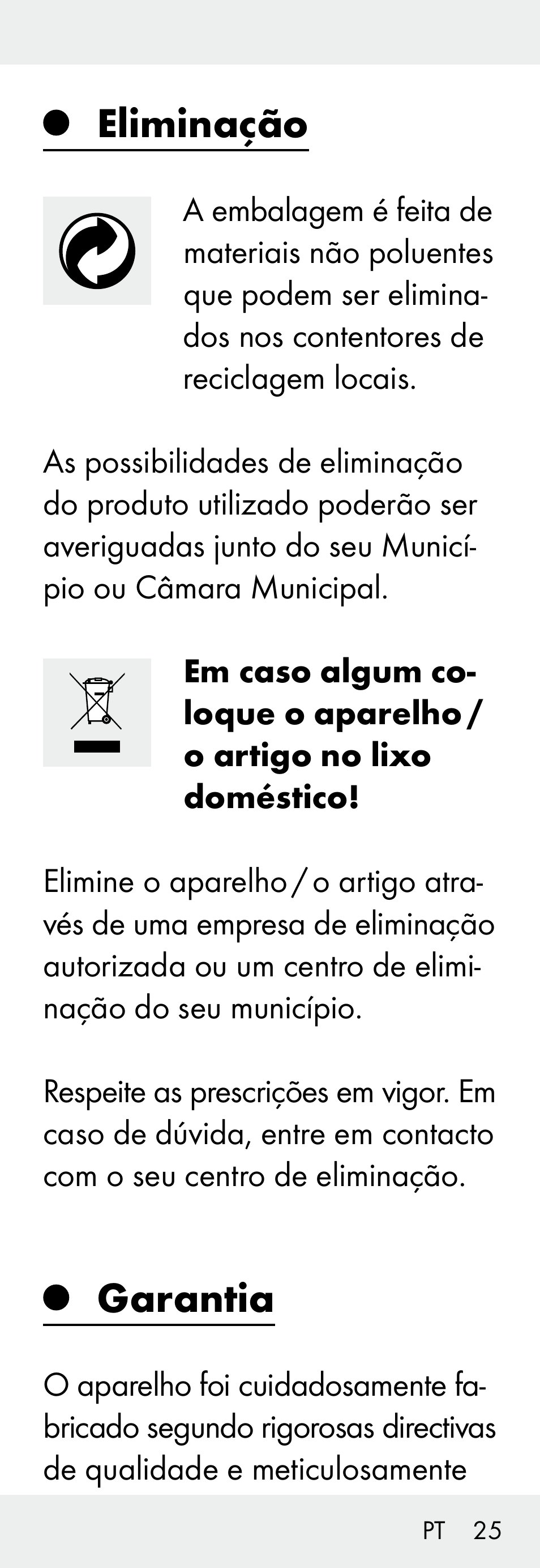 Eliminação, Garantia | Silvercrest Z31306A, Z31306A-W User Manual | Page 25 / 43