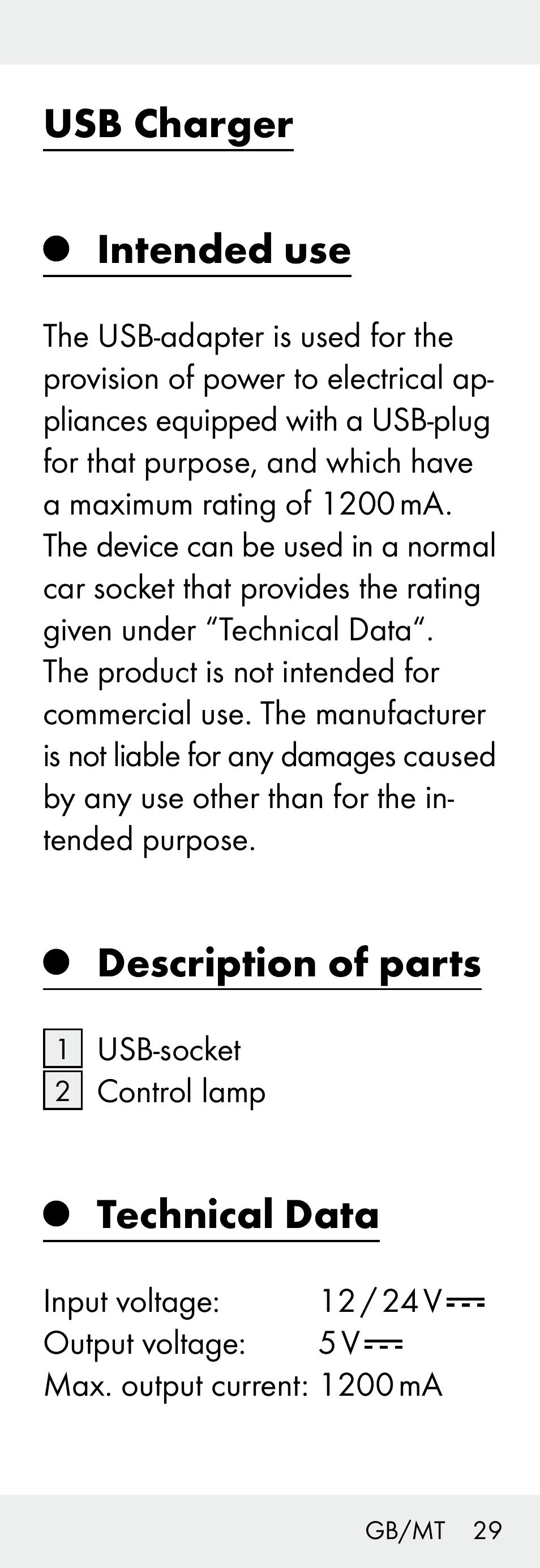 Usb charger, Intended use, Description of parts | Technical data | Silvercrest Z31306A, Z31306A-W User Manual | Page 29 / 43