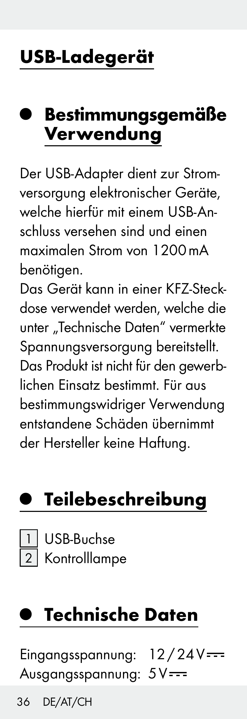 Usb-ladegerät, Bestimmungsgemäße verwendung, Teilebeschreibung | Technische daten | Silvercrest Z31306A, Z31306A-W User Manual | Page 36 / 43