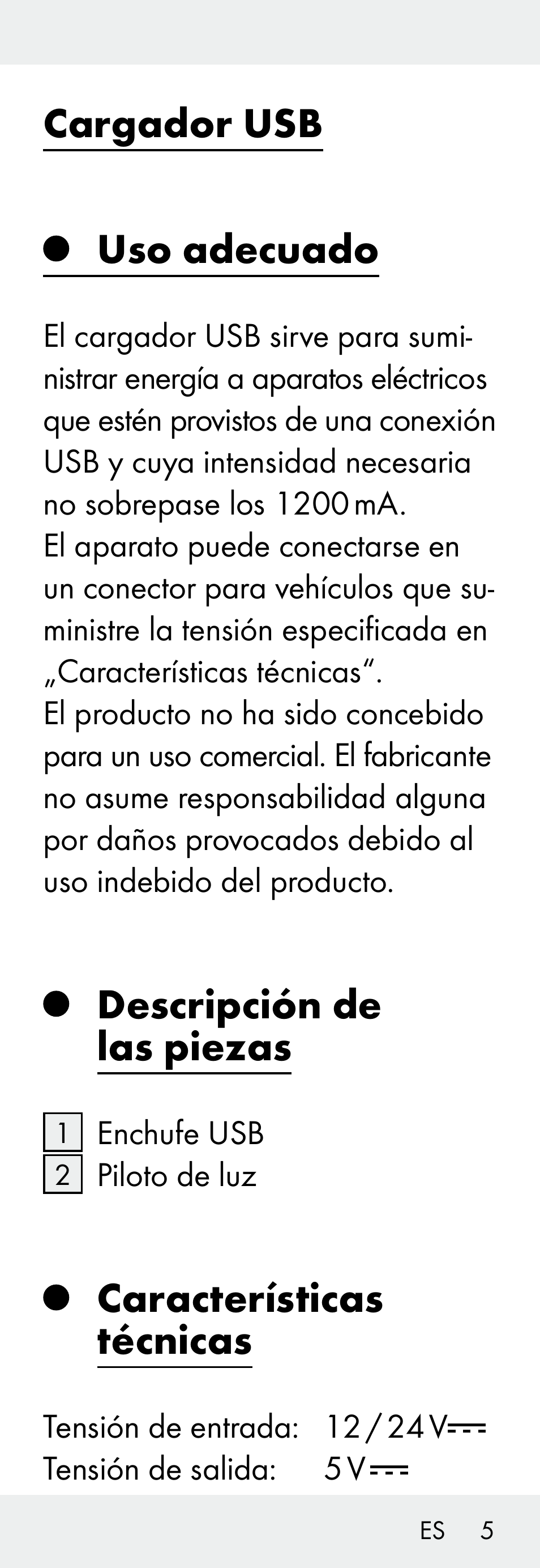 Cargador usb, Uso adecuado, Descripción de las piezas | Características técnicas | Silvercrest Z31306A, Z31306A-W User Manual | Page 5 / 43