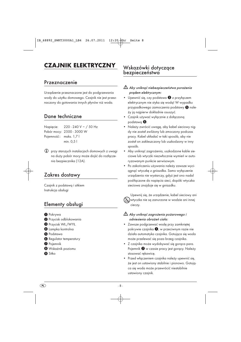 Czajnik elektryczny, Przeznaczenie, Dane techniczne | Zakres dostawy, Elementy obsługi, Wskazówki dotyczące bezpieczeństwa | Silvercrest SWKT 3000 A1 User Manual | Page 10 / 44