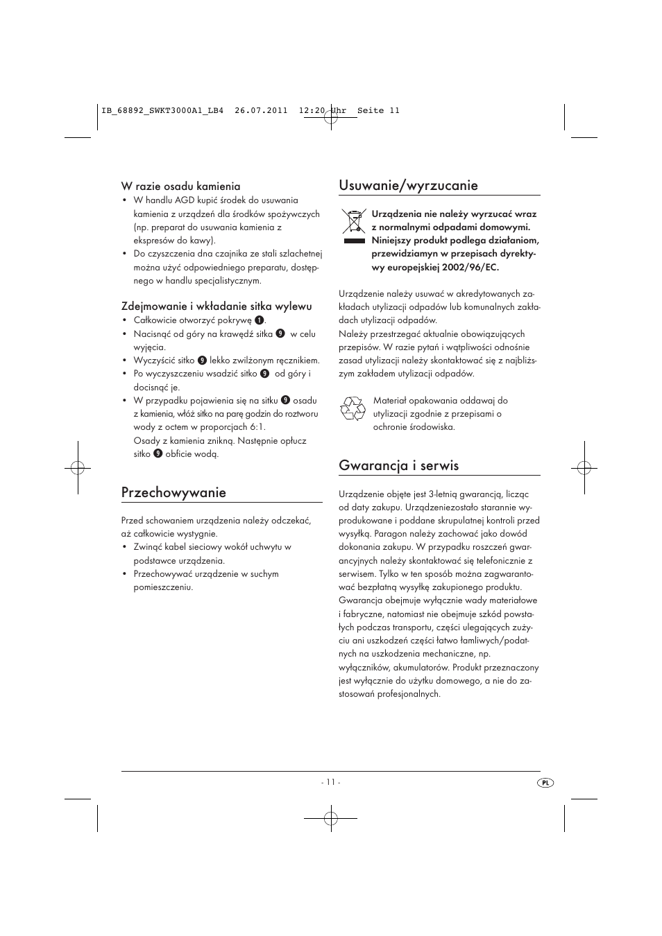 Przechowywanie, Usuwanie/wyrzucanie, Gwarancja i serwis | Silvercrest SWKT 3000 A1 User Manual | Page 13 / 44