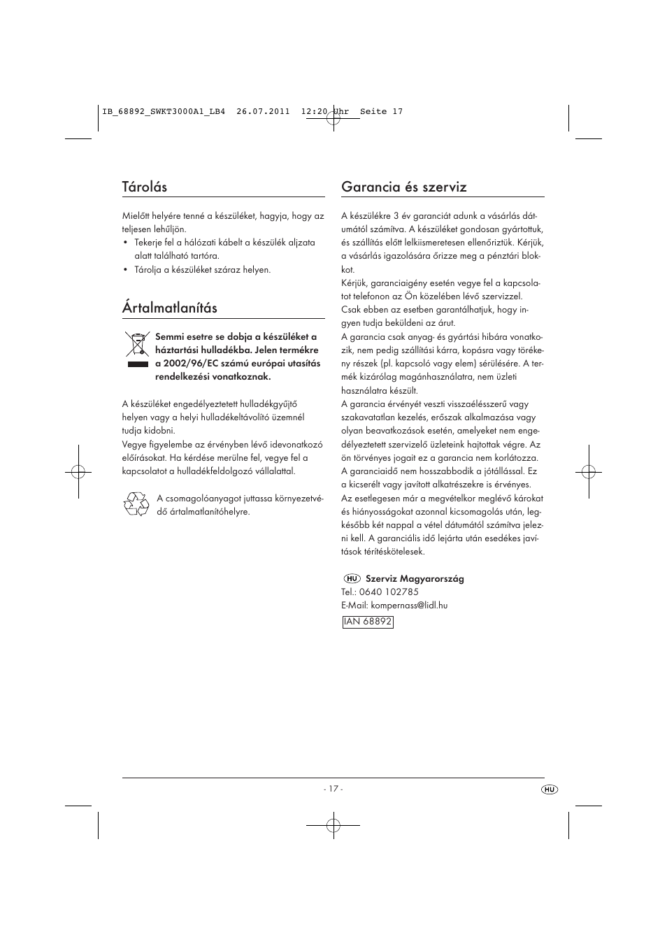 Tárolás, Ártalmatlanítás, Garancia és szerviz | Silvercrest SWKT 3000 A1 User Manual | Page 19 / 44