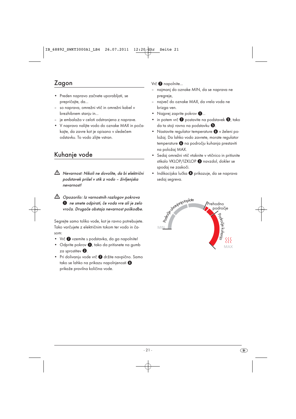 Zagon, Kuhanje vode | Silvercrest SWKT 3000 A1 User Manual | Page 23 / 44