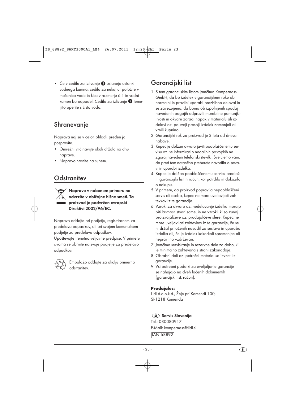 Shranevanje, Odstranitev, Garancijski list | Silvercrest SWKT 3000 A1 User Manual | Page 25 / 44